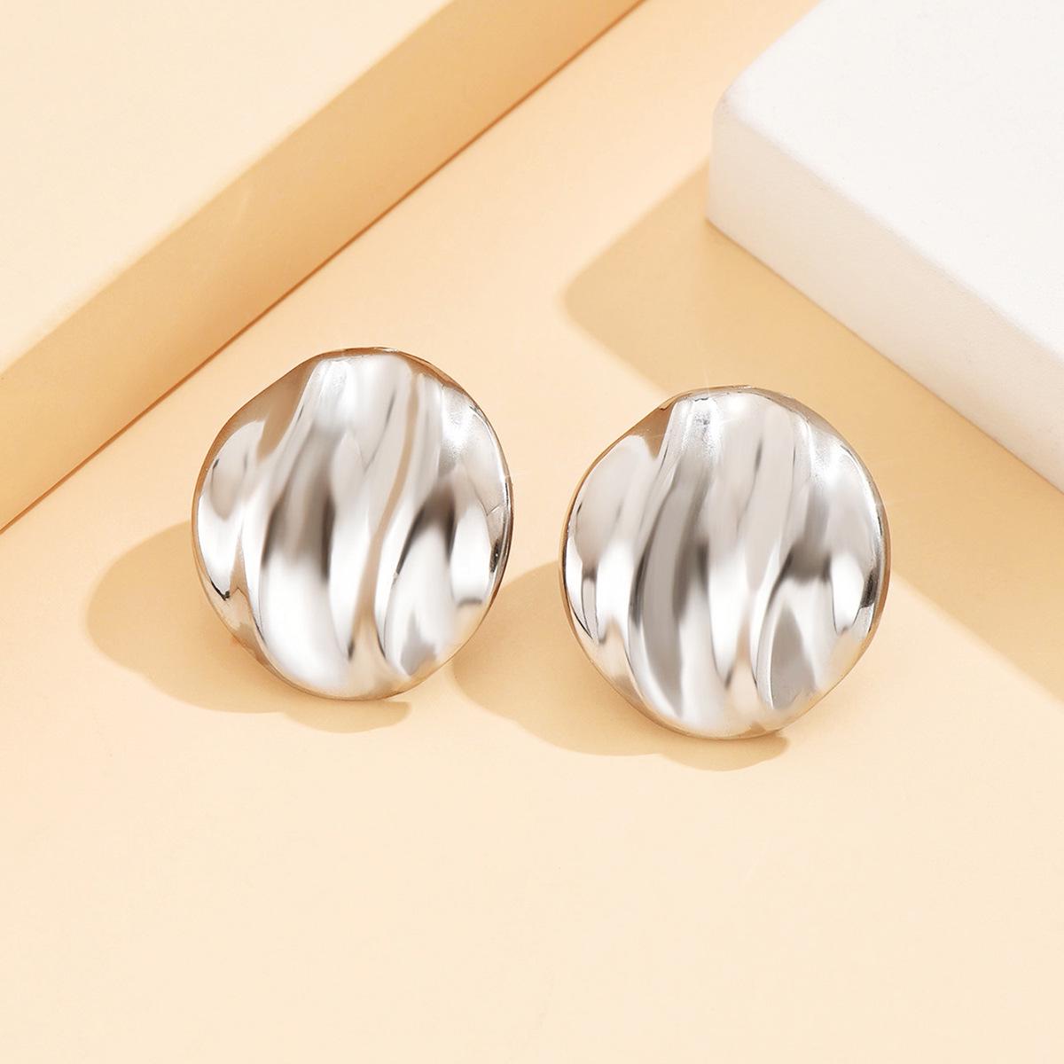 Retro Geometric Textured Stainless Steel Earrings - Irregular Round Studs for Women