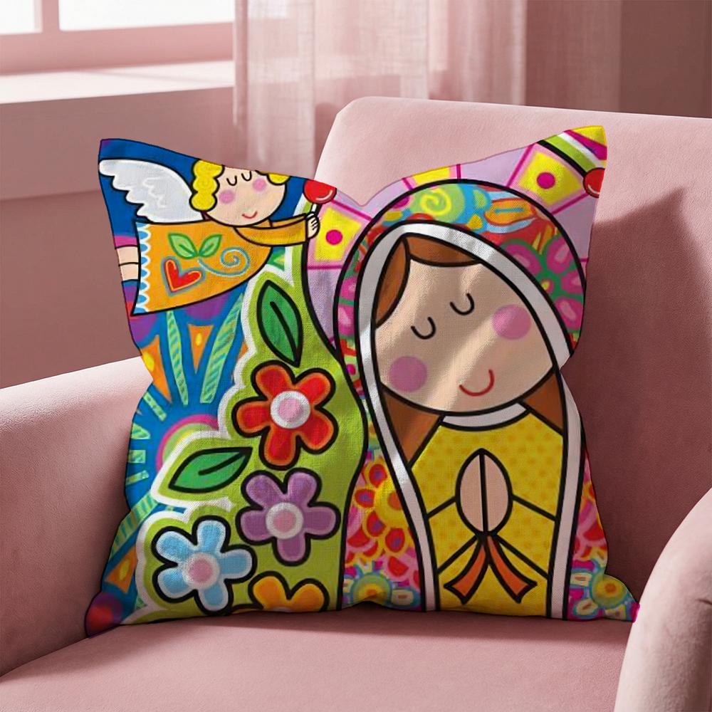 Cartoon Virgin Mary Art Cushion Cover Multi-Scene Pillow Cover for Home & Car - Reversible, Soft & Durable for Daily Use