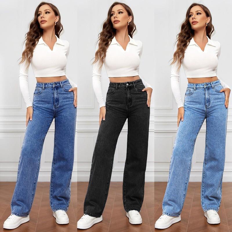 High Waist Wide Leg Denim Pants Women Thin Cotton Straight Cut Casual Chic Trousers