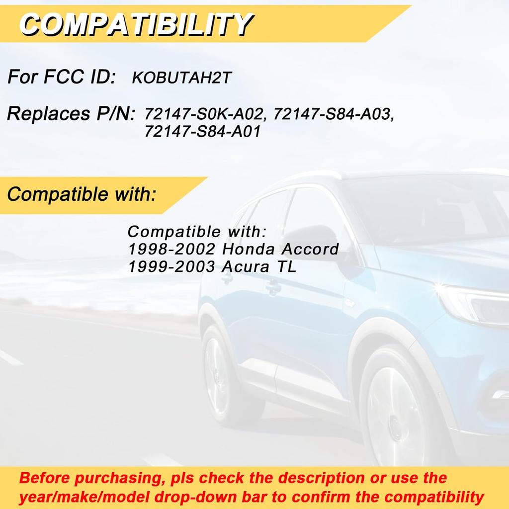 Key Fob Replacement for 1998-2002 Honda Accord/ 1999-2003 Acura TL Car Keyless Entry Remote Control, KOBUTAH2T, 4 Buttons