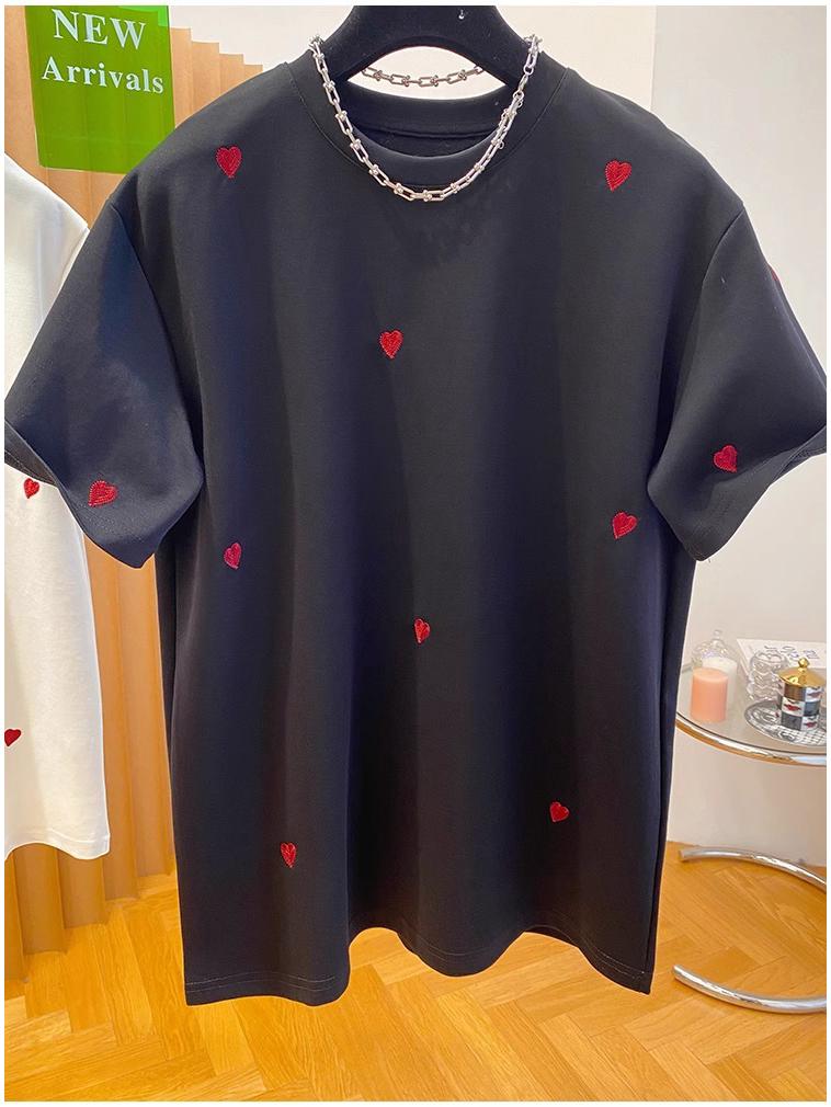 Heart Embroidery Women's European Style T-shirt - Short Sleeve, Loose Fit, Pure Cotton, 2025 Spring Collection