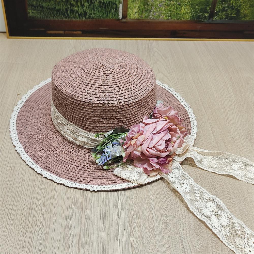2025 new style flower decoration fresh ladies summer straw hat flat top large brim sun hat beach French elegant wedding hat