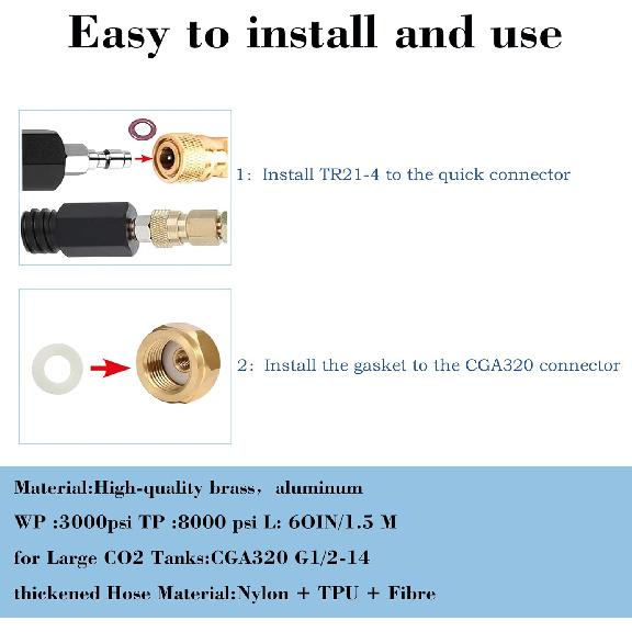 60in New Upgraded CGA320 Co2 Tank adapter connects directly to the soda machine, Adapter for TR21-4 Soda Water Machine Compatible with Fizzi/One