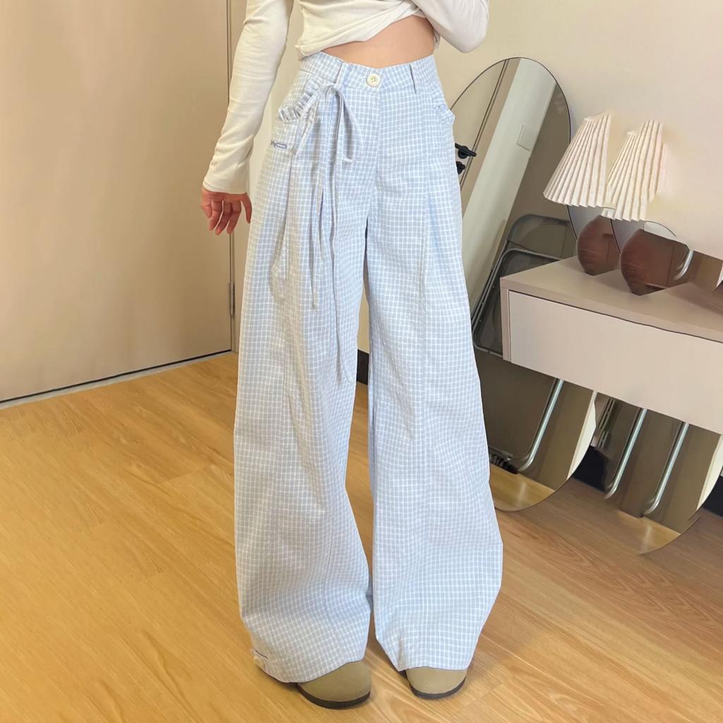 Damskor Vår/Sommar Långsam Stil Blå Rutig Volang Hög Midja Lös Vida Ben Golvlånga Byxor