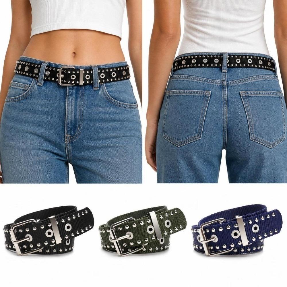 Adjustable Metal Buckle Nylon Waist Belt Full Metal Eyelet Eyelet Belt  Street Fashion