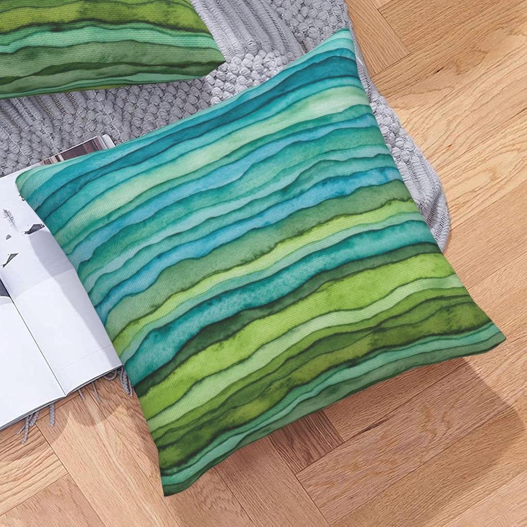 Teal Blue Green Throw Pillow Covers 18x18 Set of 2 Watercolor Aqua Waves Decorative Pillow Covers Abstract Striped Outdoors Pillowcase Cushion Case