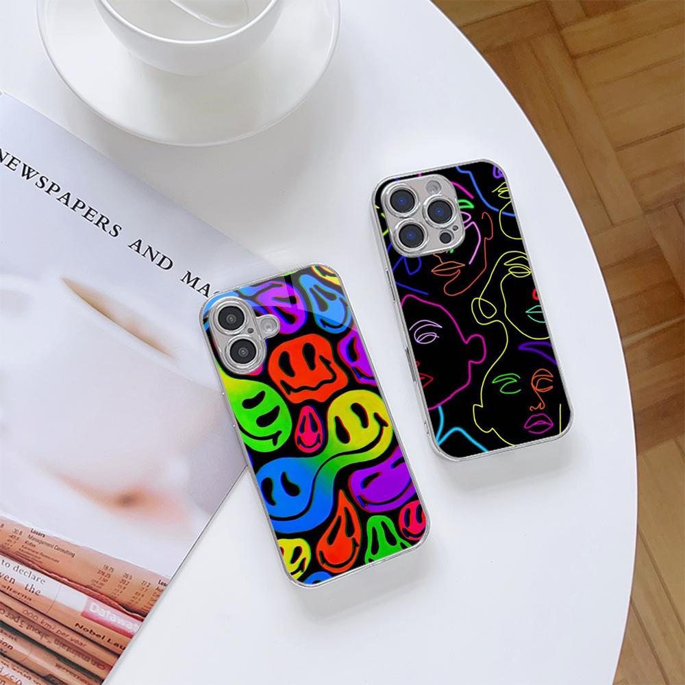 N150 Colour Faces Line Art Drawing Art Phone Case for iPhone 16 15 Pro Max Samsung S24 A54 A35 Xiaomi Redmi Note 13 Plated Frame Tempered Glass Cover