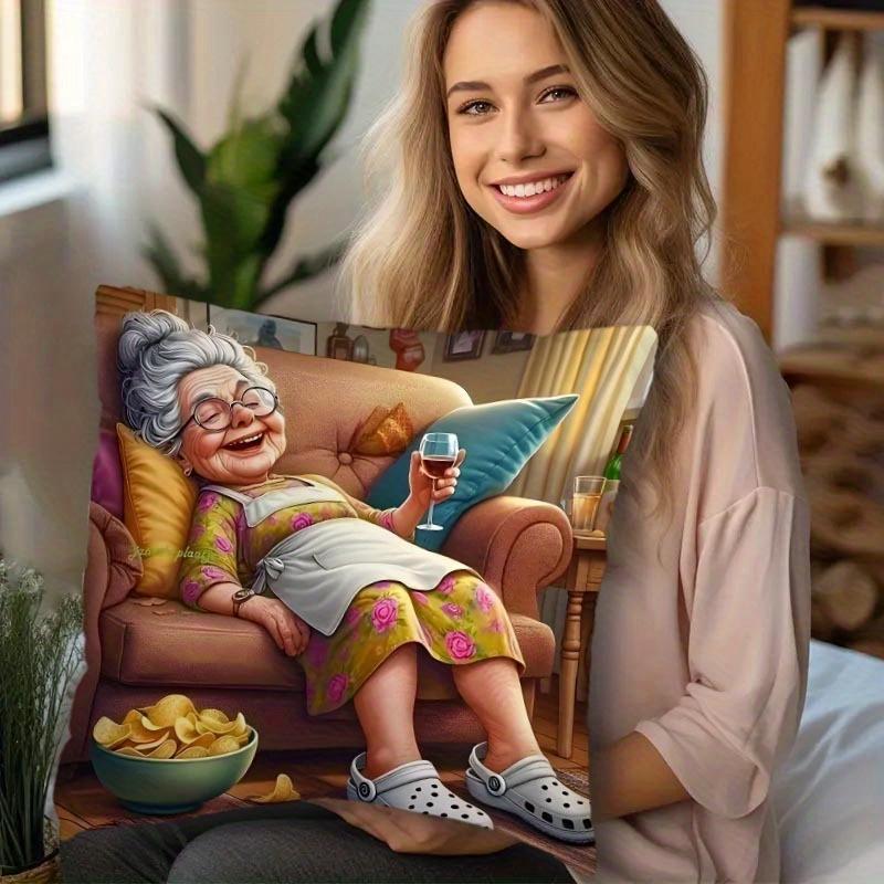 1Pc Cartoon Happy Grandma Themed Printed Throw Pillow Cover, Suitable For Sofa, Bedroom, Living Room, A Fun Gift For Seniors.