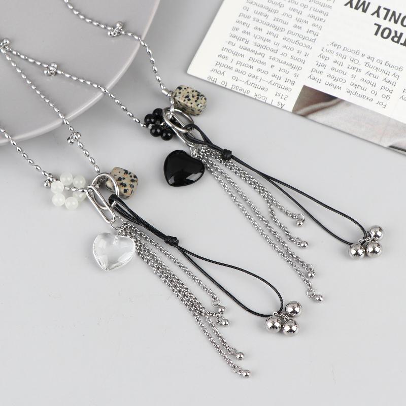 Colorful  Heart Tassel Pendant Necklace For Women Girls Spotted Squares Charm Long Chain Neck Jewelry Gift