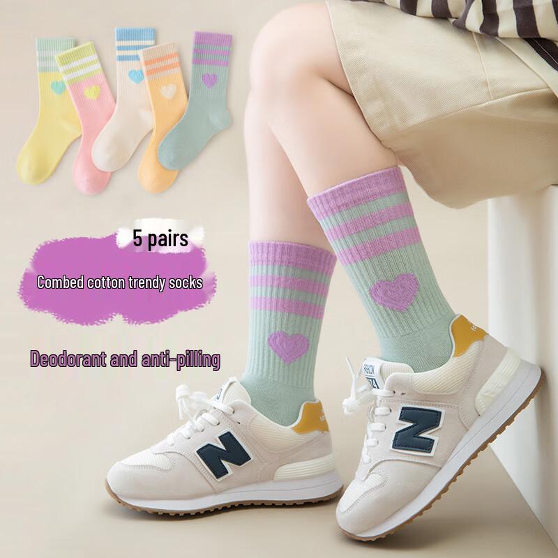 

Yuzhaolin Girls Dopamine Striped Mid-Calf Cotton Socks (5 Pairs) XL (12+ Years)
