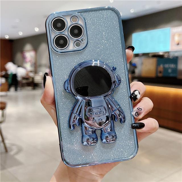 Fashion Glitter Astronaut Foot Stand Phone Case For iPhone 16 15 14 13 11 Pro XR Xs Max 12 Mini Plating Holder Cover On 7 8 Plus