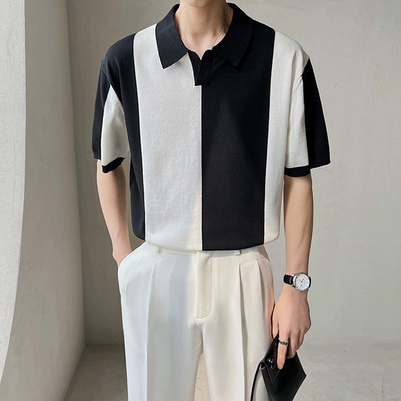 Summer Casual Loose Trendy Men's Short Sleeve Polo Shirt Trendy Gray and White Color Block Turn-down Collar Breathable Men's Knit Shirt