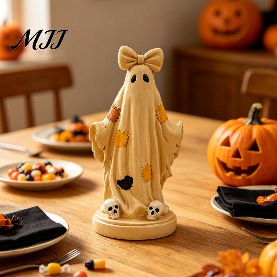 Seasonal Home Decorations Halloween Patchwork Ghost/Pumpkin Man Statue Ornament, Resin Creative Desktop Figurine, Unique Holiday Gifts Cute Sculpture