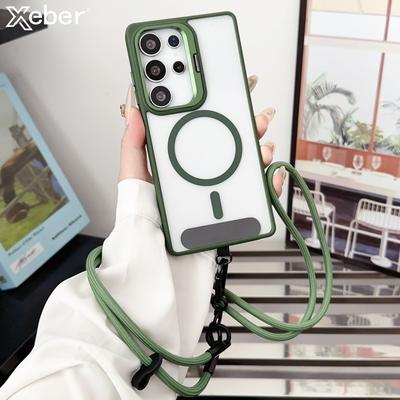 Crossbody Lanyard Anti-Loss Long Cord Magnetic Clear Case For Samsung S25 Ultra S24 Plus S23 FE S22 Fold Lens Stand Hard Cover