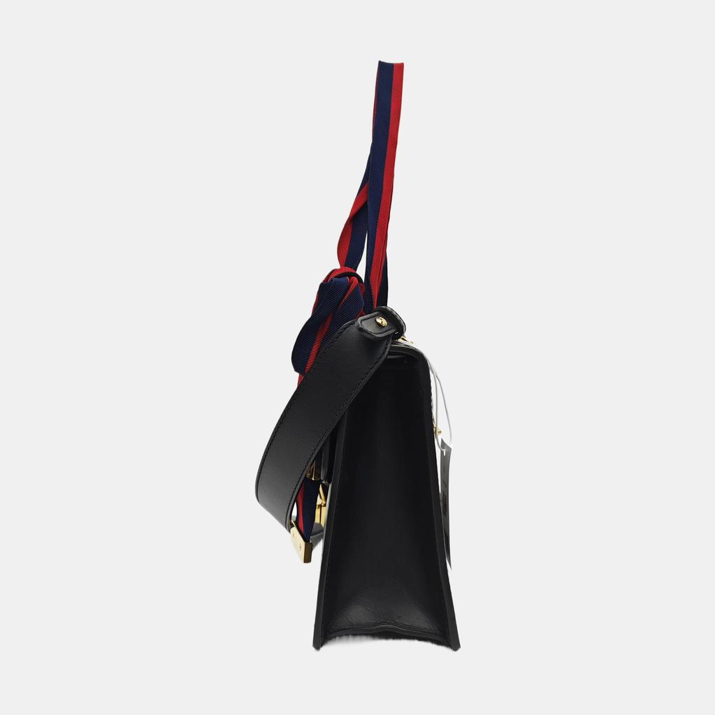 [Pre-Owned] Sylvie Gold Buckle Striped Web Satin Bow Wide Shoulder Strap Leather Handbag Crossbody Bag Shoulder Bag Small - Good #1BMMFOP