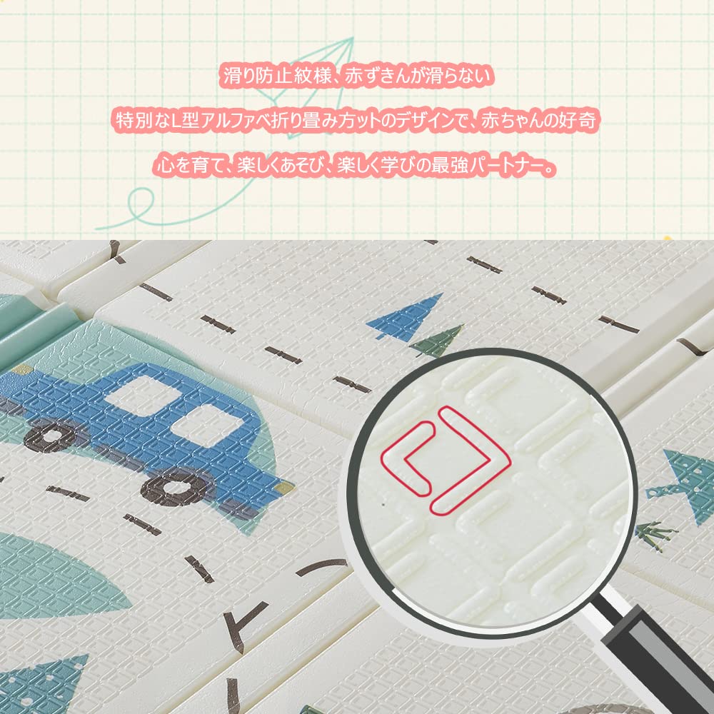 JOKINECO Baby Play Mat, 195x177x1.5cm, Double-Sided Pattern, Foldable, Soundproof, Waterproof, Safe Material, Non-Slip, Dinosaur + Car Design