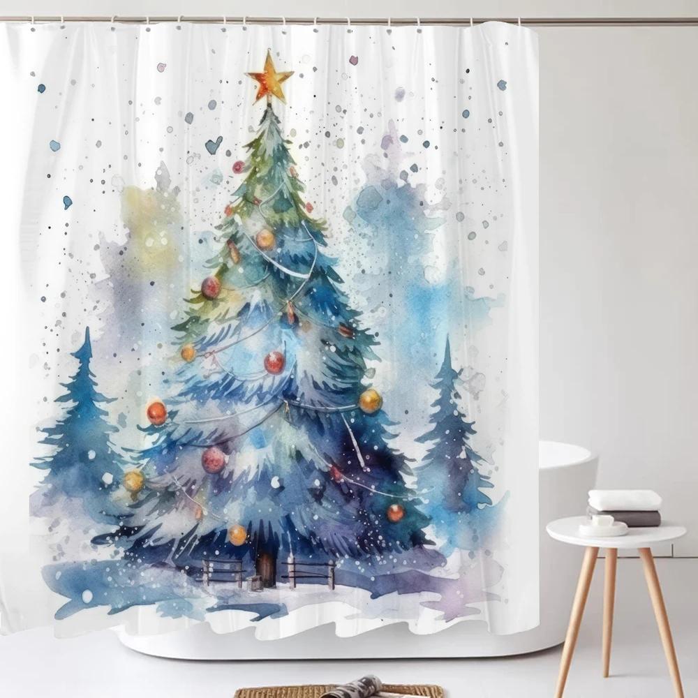 Christmas Shower Curtain Santa Claus Winter Christmas Tree Polyester Colorful Bath Curtain Home Bathroom Decor Curtain With Hook
