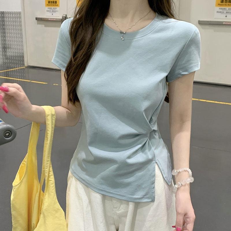 Crew Neck Knot Split Design Waist Short-sleeved T-shirt Women's Summer New Irregular Hem Slim-fitting Top