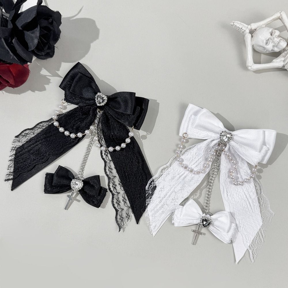 Lace Design Gothic Hair Clips Rhinestone Decoration Chain Detail Rhinestone Hair Accessories Cross Pendant Bow Shape