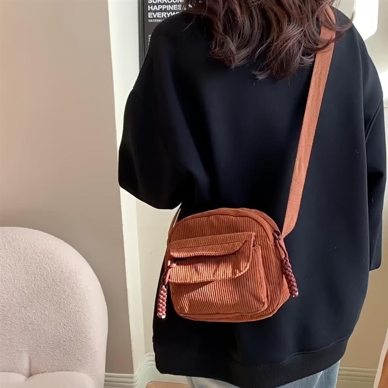 Japanese Style Handbag Vintage Harajuku Corduroy Single Shoulder Satchel with Zipper Closure, Polyester Lined, Women'S Handbag, Cute Handbag