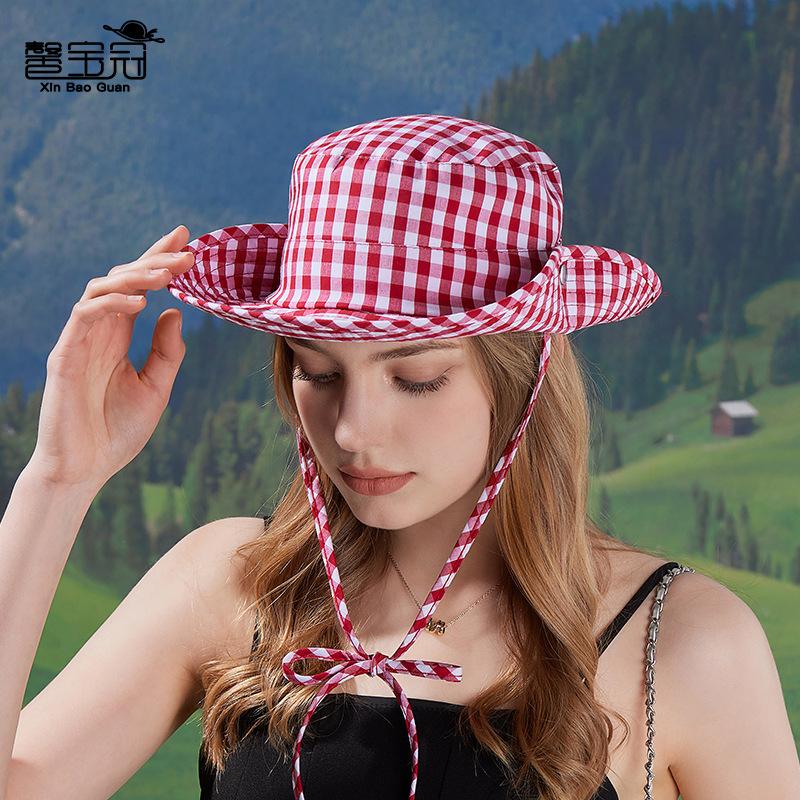Spring and summer big brim outdoor hiking hat plaid strap bucket hat big head circumference sunshade sun protection hat children