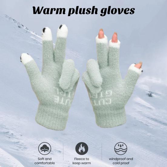 1 Pair Warm Plush Gloves Cutout Finger Tips Thick Plush Funny Cartoon Face Knitted Soft Elastic Anti-slip Warm Touch Screen Cycling Gloves