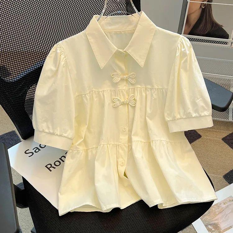 

Шикарная французская рубашка с объемными рукавами для женщин, летние однобортные однобортные топы с короткими рукавами и отложным воротником L