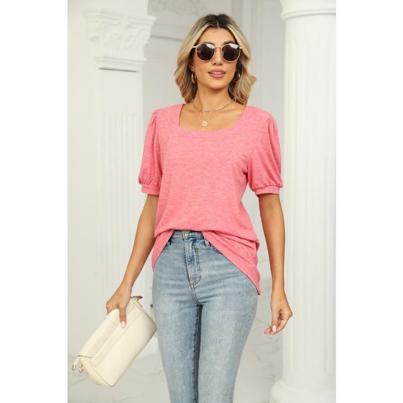 Letní dámské tričko jednobarevné čtvercový výstřih vrásčitý bublinkový rukáv top s krátkým rukávem