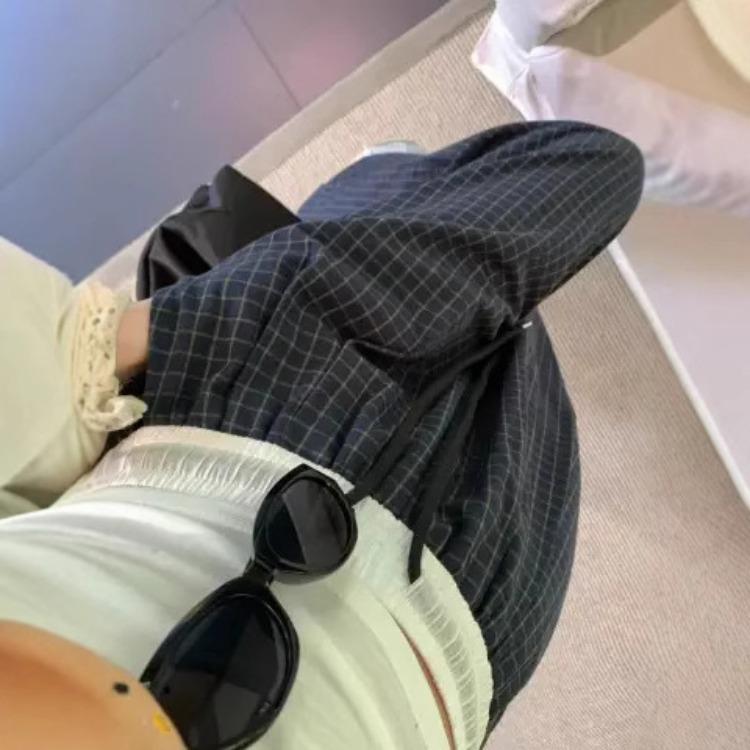 Summer Slimming Checked Loose-Fit Wide-Leg Casual Trousers for Women – Elasticated Waist with Drawstring Straight-Leg Trousers for Strolling
