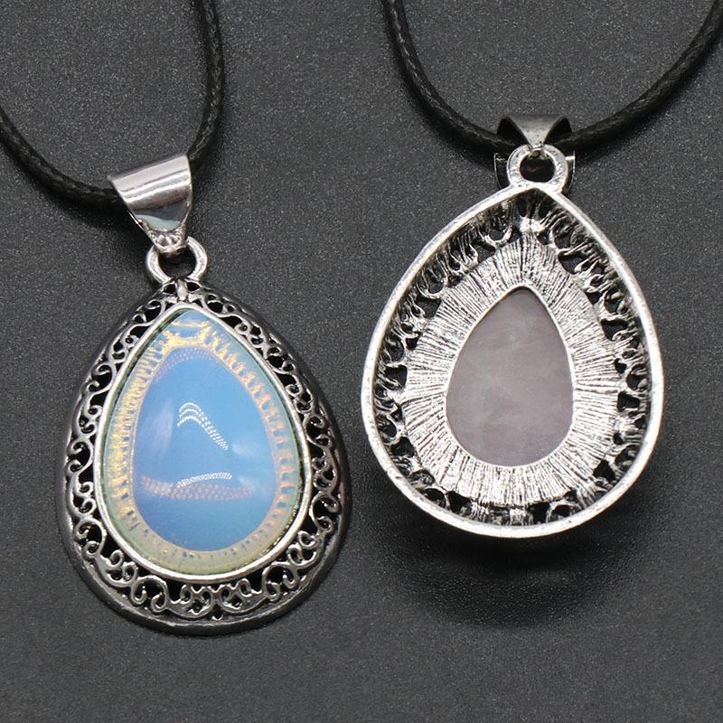 Oval Gemstone Necklace for Women Oval Pendant Semi-precious Stones Jewelry Gift for Wife Necklaces for Mom Drop Alloy Pendant