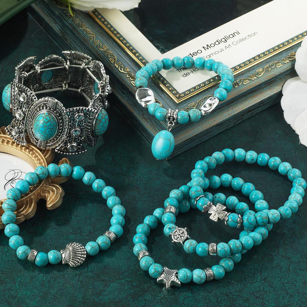 Vintage Turquoise and Natural Stone Bead Bracelet Set