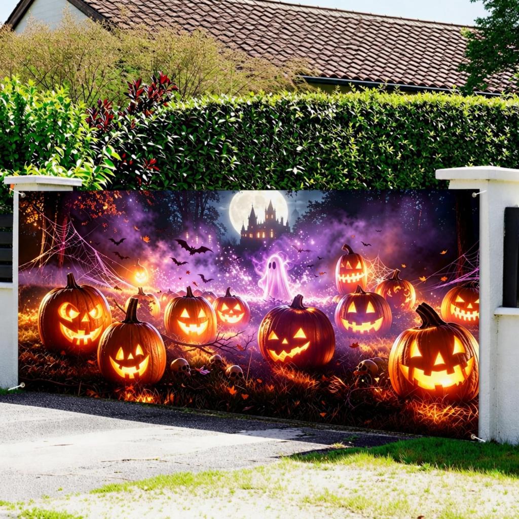 7x16 FT Halloween Garage Door Cover, Large Banner Backdrop with Full Moon, Ha...