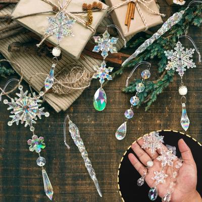 Yousheng 18 Pcs Crystal Christmas Ornaments for Tree Clear Acrylic Snowflake Icicle Hanging Ornaments with Drop Pendants for Winter Wonderland
