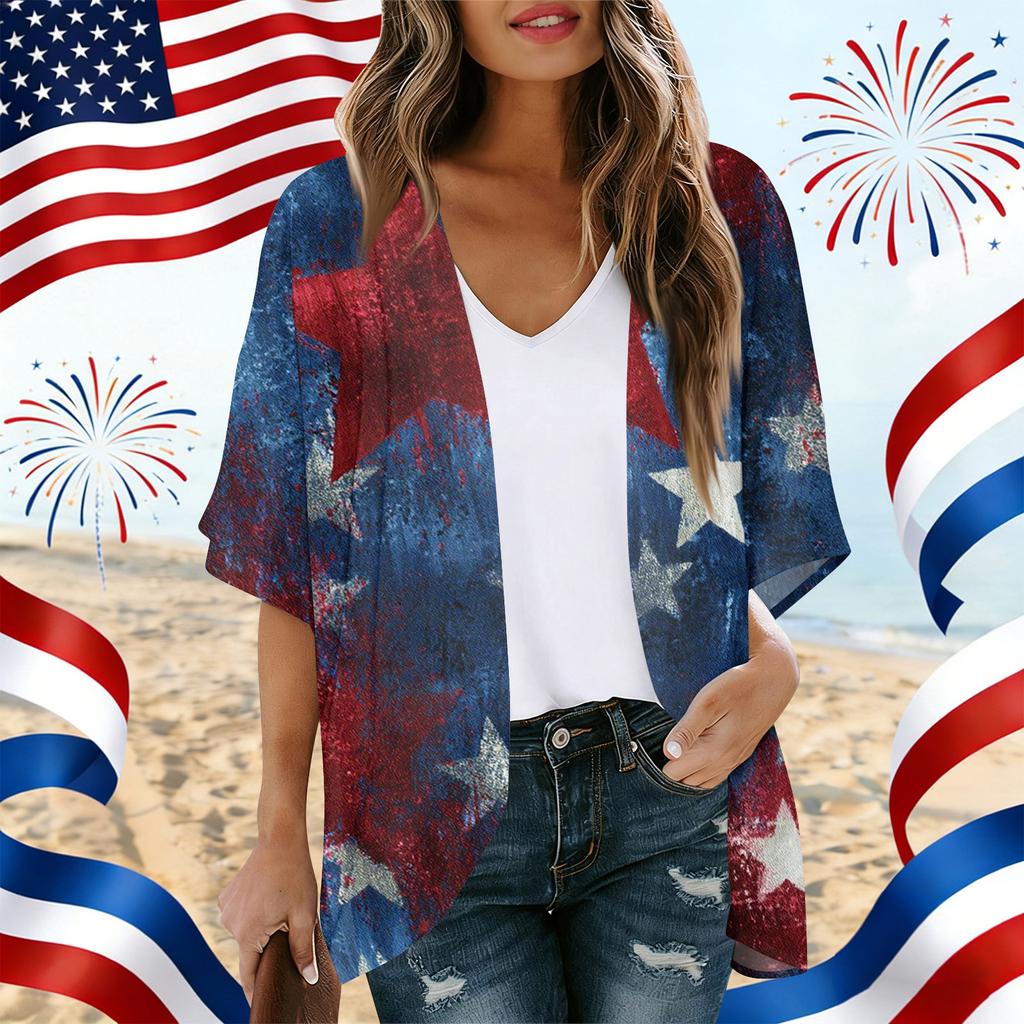 Women's Independence Day Print Cardigan, Loose-Fit Tunic, Casual Shirt