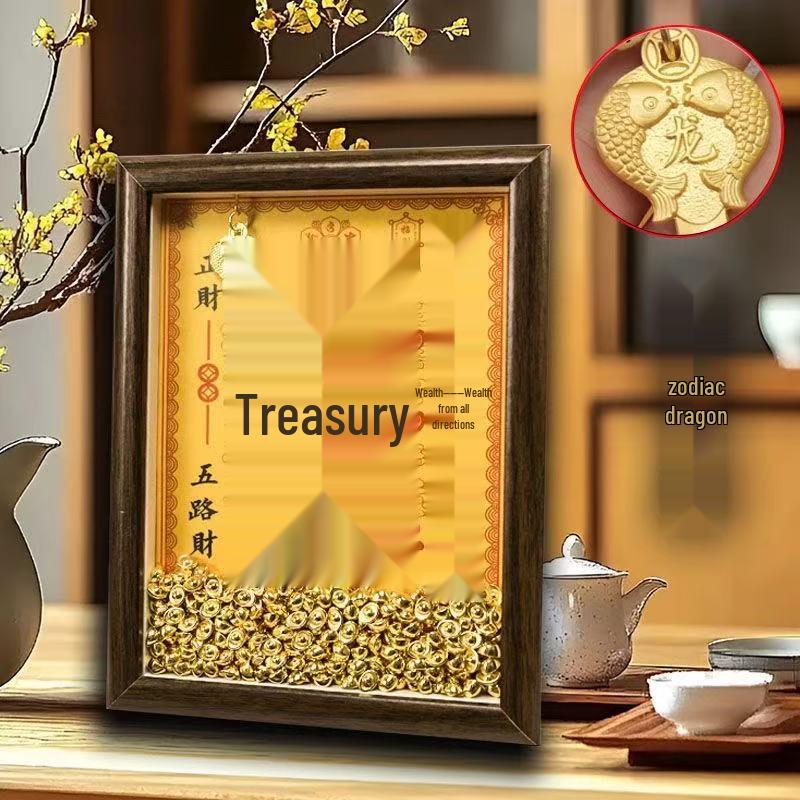 Yellow Dzambhala Wealth Photo Frame Ornament with Twelve Zodiac Animals for Desk Attraction