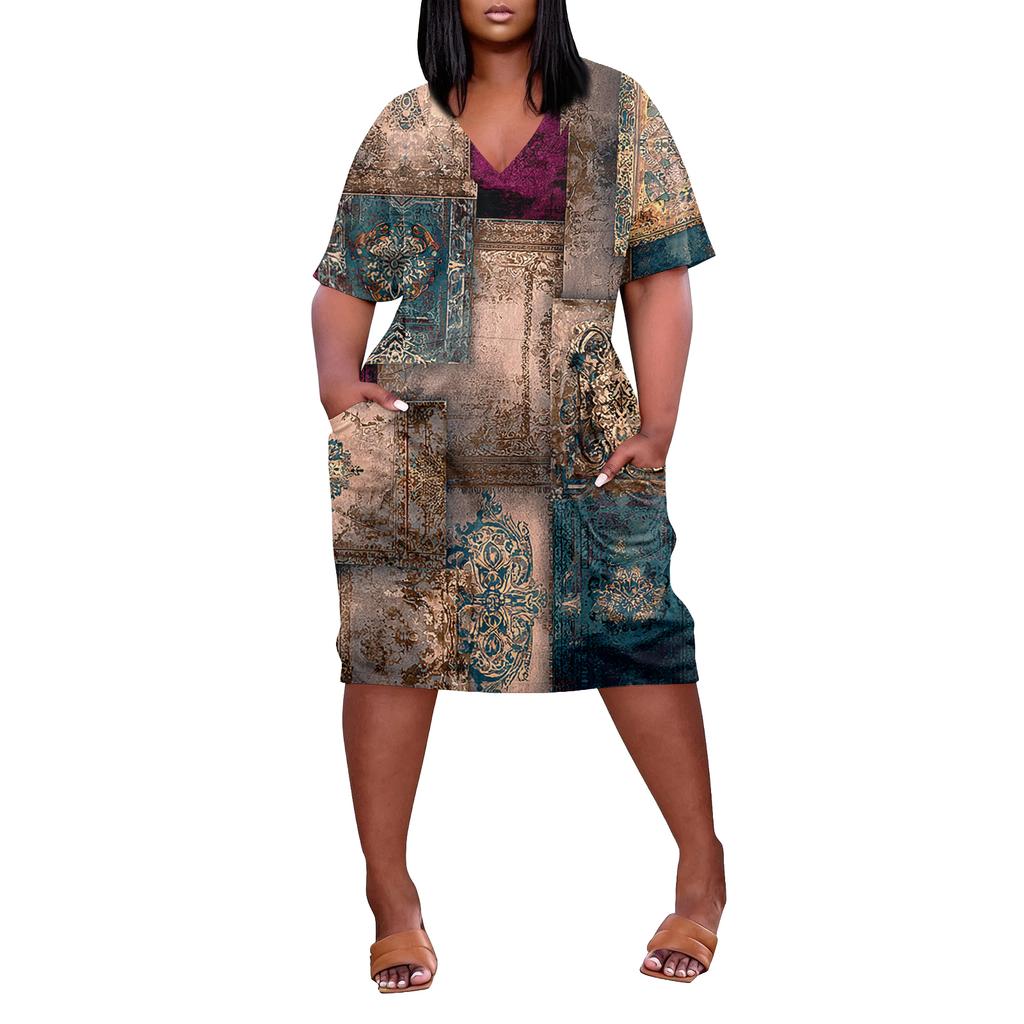 Summer Plus Size V Neck Short Sleeve Knee Pocket Print Casual Dress For Women