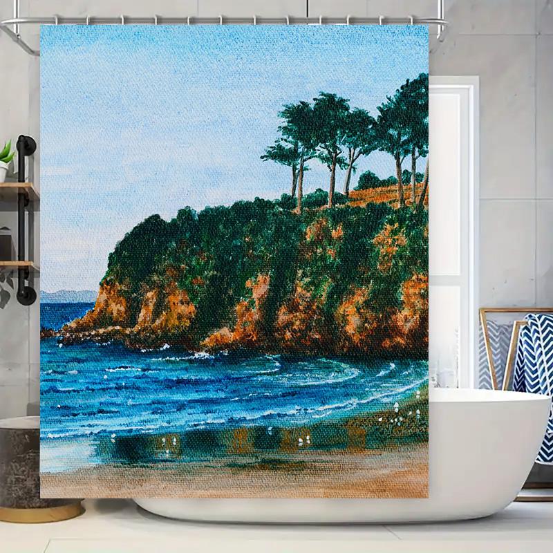 

Beautiful Seaside Landscape Shower Curtain Handmade Mosaic Print For Bathroom Decoration Blue Ocean Green Trees Design Size Cust W60H190(CM)-1 Pcs