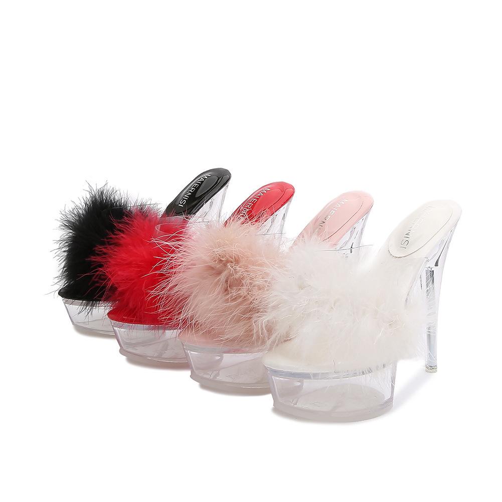 Furry Sexy Thin Stiletto Platform Slide Sandals, Transparent Crystal Heel Women Shoes For Wedding Banquet Formal Dress Occasions WZ-198614-89