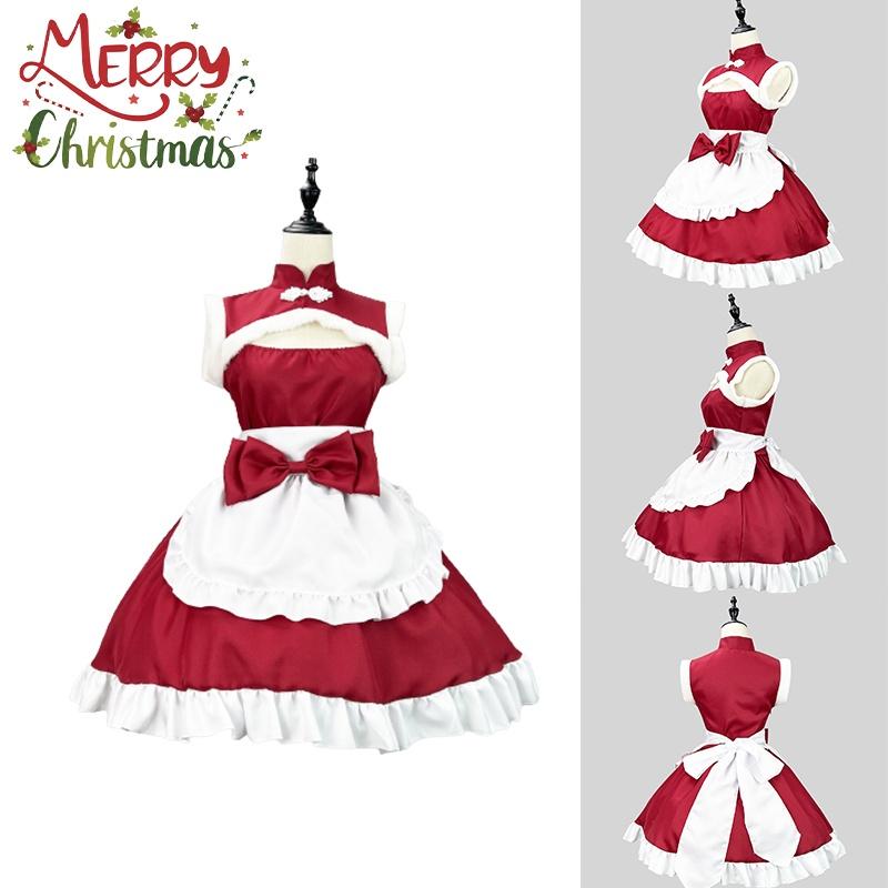 Christmas Woman Sexy Maid Outfit Santa Cosplay Costumes Bow Lolita Wine 5xl Red