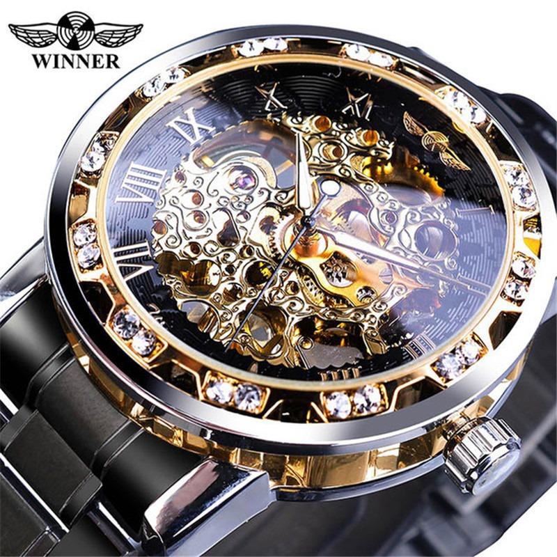 Winner One Winner Herren Mode Lässig Skelett Strass Manuell Mechanische Uhr für Herren Trendig