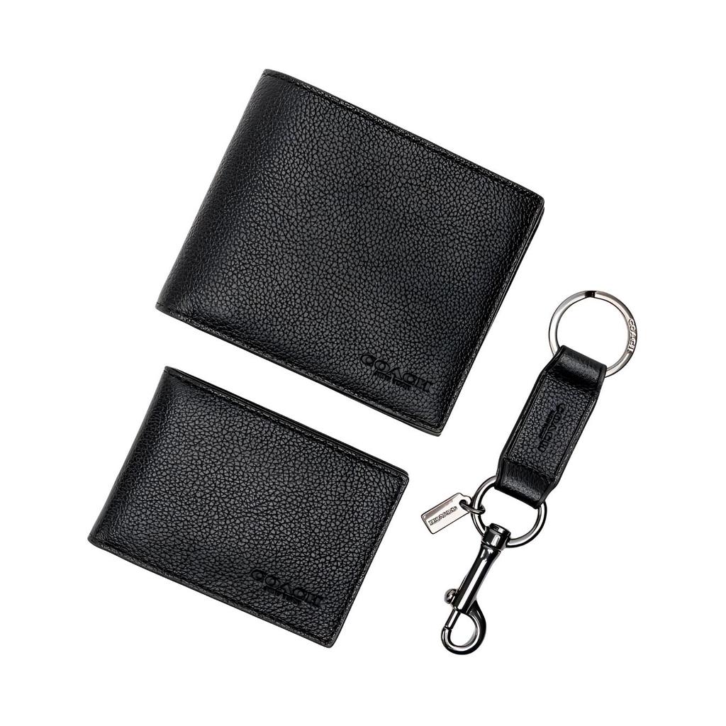 Coach 3 In 1 Wallet 11 Logo Embossed Smooth Calfskin Set Men Wallets Black CS433-BLK