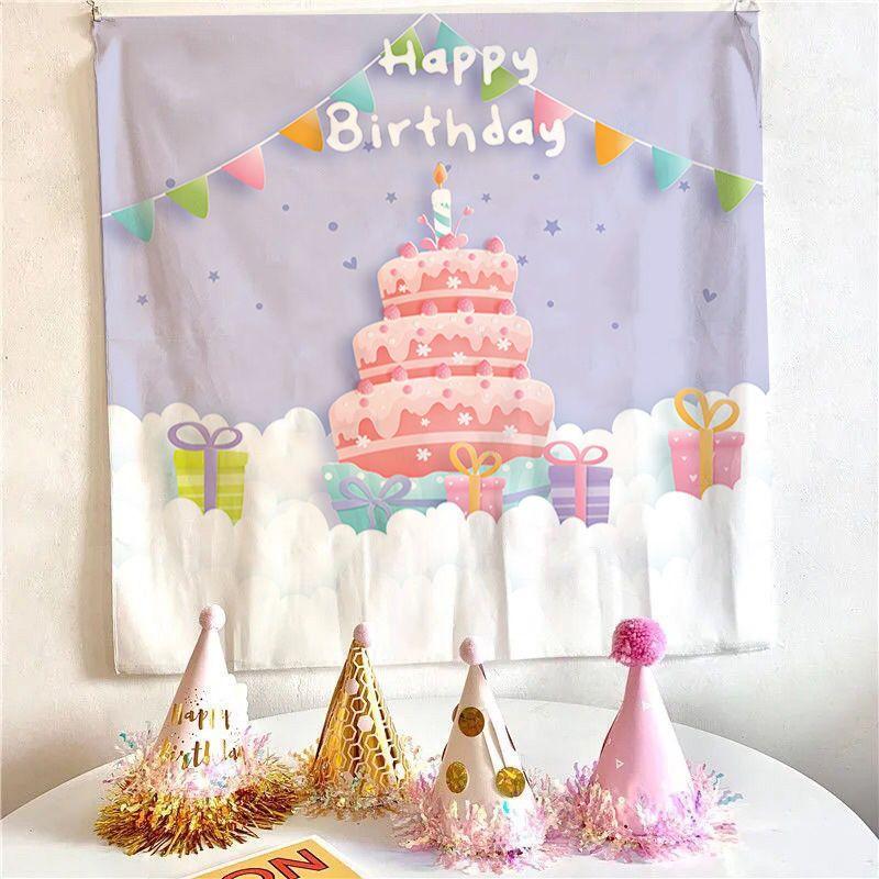 Cartoon Character Strawberry Cake Birthday Tapestry Wall Hanging Home Decor for Bedroom Living Room Happy Birthday