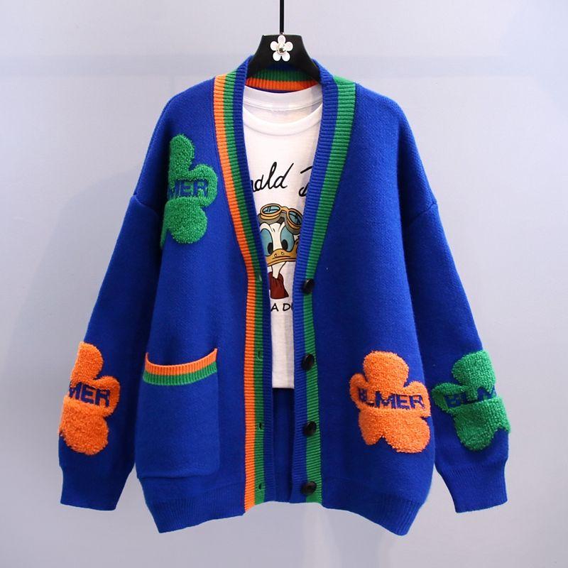 

Модные женские вязаные свитера пальто осень зима корейский длинный рукав V-образный вырез карманы пуговицы кардиганы уличная одежда повседневный джерси XXXL синий