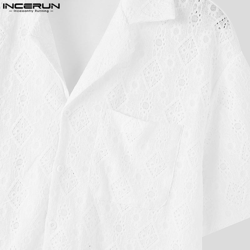 INCERUN Summer Men Short Sleeves Front Lace Patchwork See Through Loose Shirts