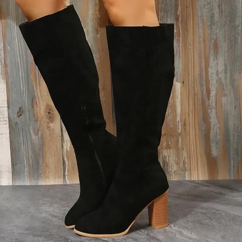 Women Retro High Heels Boots Western Cowboy Chunky Shoes Winter New Warm Plush Leather Knee High Long Suede Boots 2025