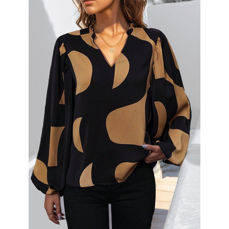 

European and American Cross-Border Export Autumn and Winter Trendy Women s Fashion V-neck Long sleeve Shirts Pullover Print Top Commuter Temperament Black 3XL (Bust size 122)