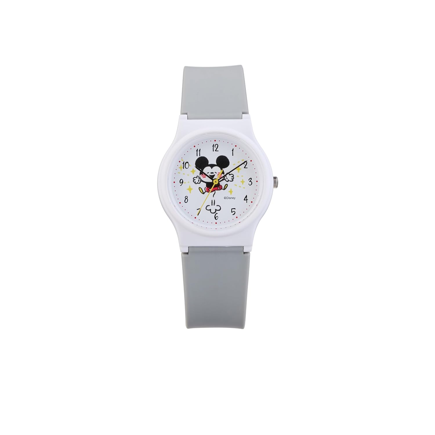 Citizen QQ analog watch featuring Kanahei Mickey Mouse 10 ATM water-resistant urethane strap model V06A-513VK girls gray.
