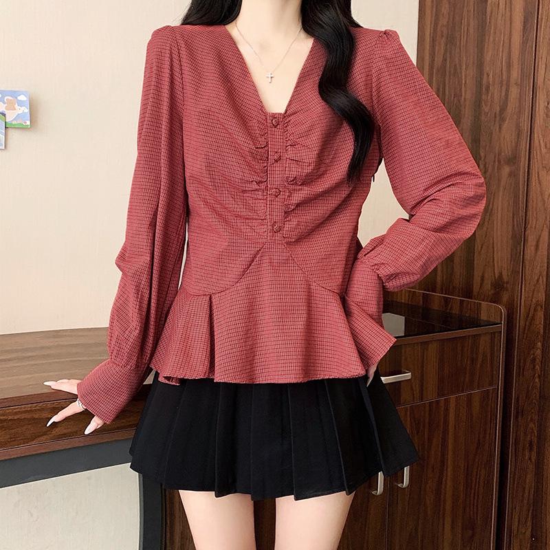 

Plus Size Women s Plain Color Lantern Sleeve Shirt with Waist-Cinching Slim Fit 2XL красный