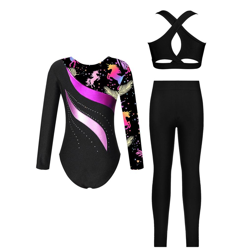 3-teiliges Turnset für Mädchen: Langärmliger Metallic-Patchwork-Turnanzug mit gekreuztem Rückenteil und Leggings