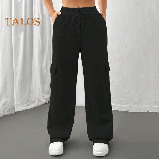 Pantaloni cargo pentru femei, cu talie elastică, cu șnur ajustabil, pantaloni drepti, cu picioare largi, pantaloni lungi sport de culoare solidă